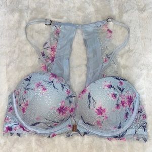Victoria's Secret PINK Date Push Up Bra Floral Lace Front Clasp Closure Blue 32C